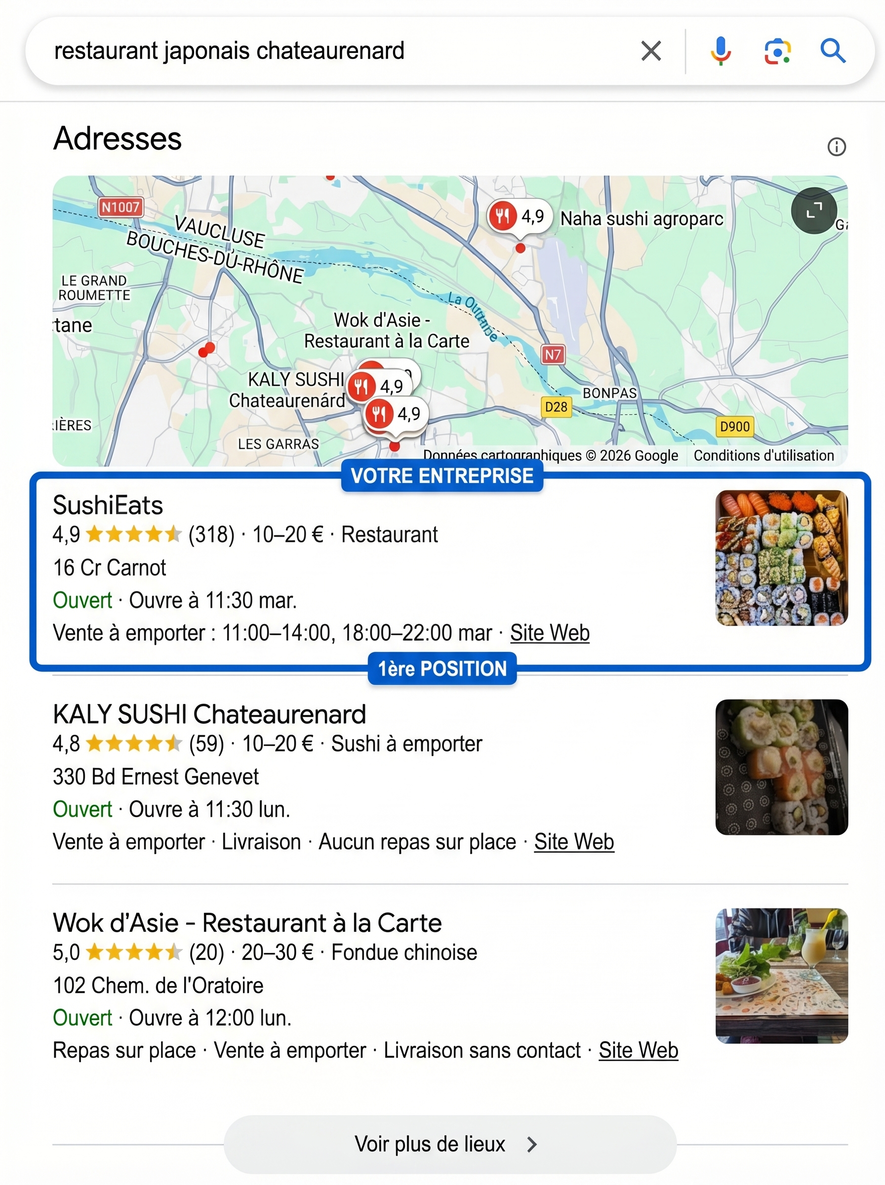 Example of Google result: business at the top of local searches on the map