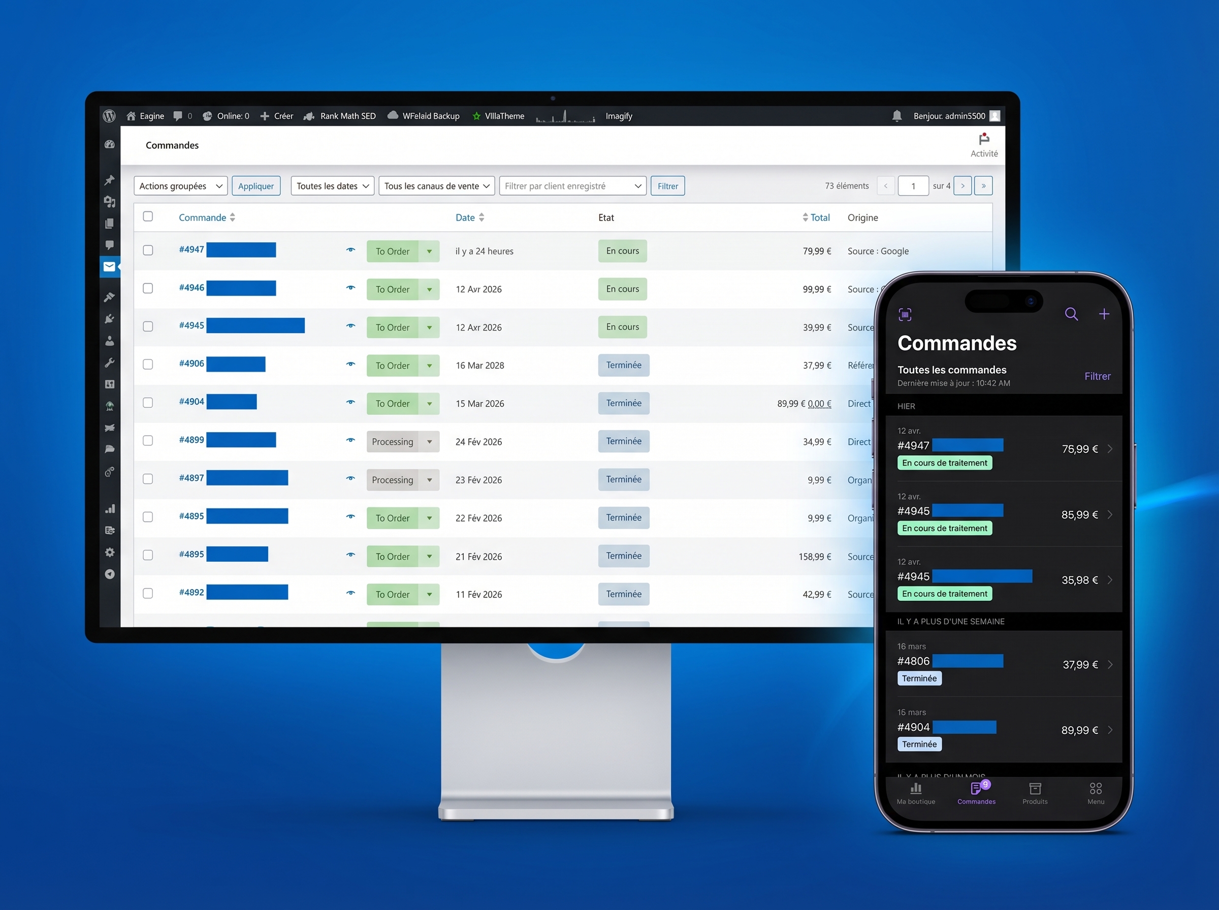 WordPress administration interface: dashboard, statistics and content management